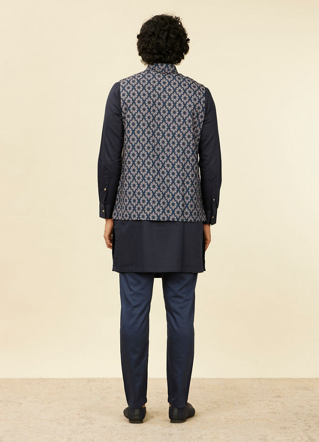 alt message - Manyavar Men Dark Blue Medallion Printed Nehru Jacket image number 3